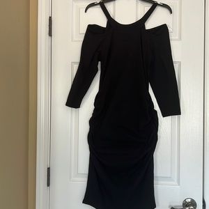 Beautiful black dress 3/4 sleeve cold shoulder round neck cotton midi size small